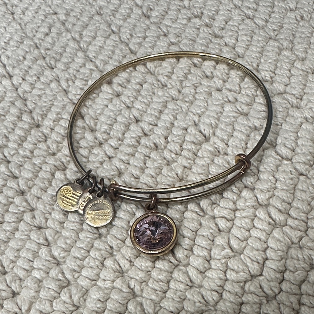 ❤️ 5/$25 Alex and Ani Gold Bangle Bracelet with Purple Crystal Charm